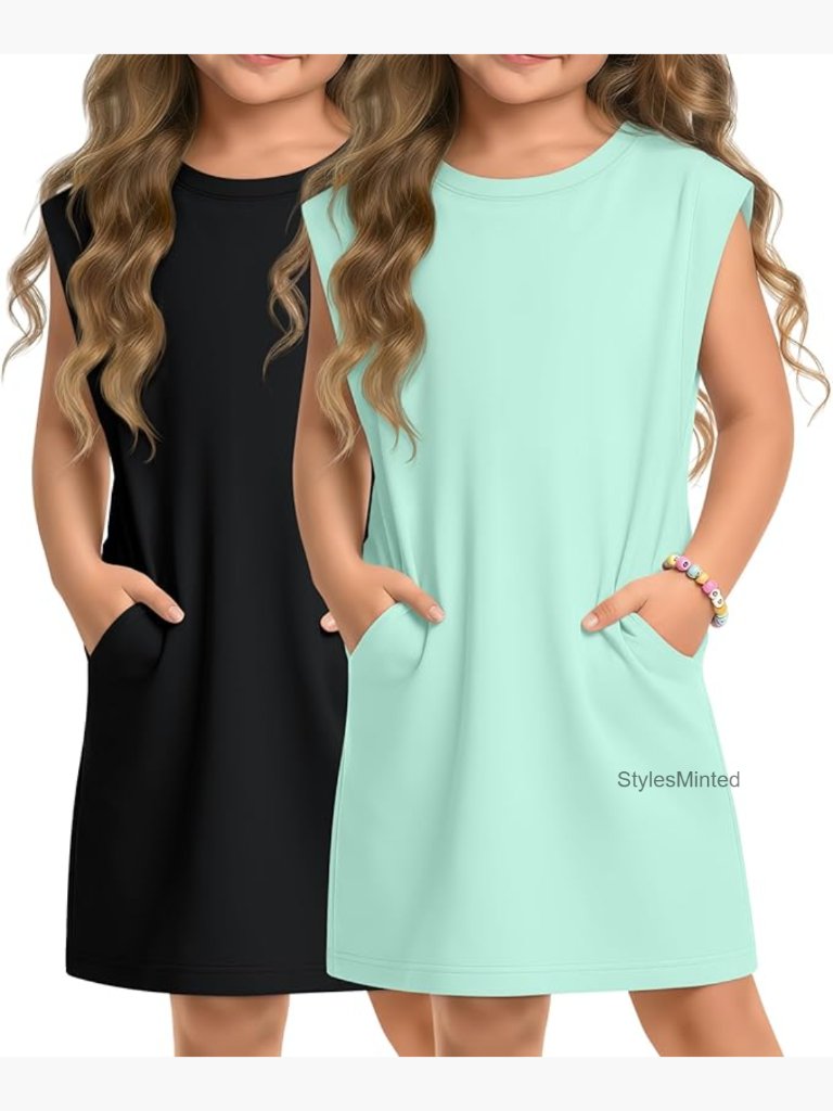 2 Pack Girl's Cap Sleeve Dresses Crew Neck Sleeveless Knee Length With Pockets